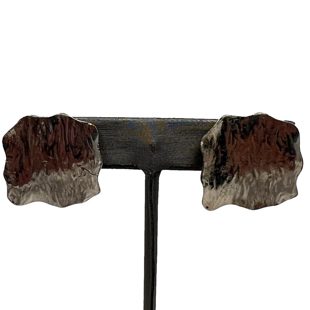 Vintage Clip On Earrings‎ Hammered Silver Tone Squares Uneven Edge